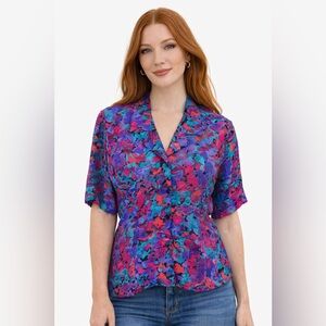 Vintage 80s 90s Notations Floral Blouse Colorful Retro Button Up Top